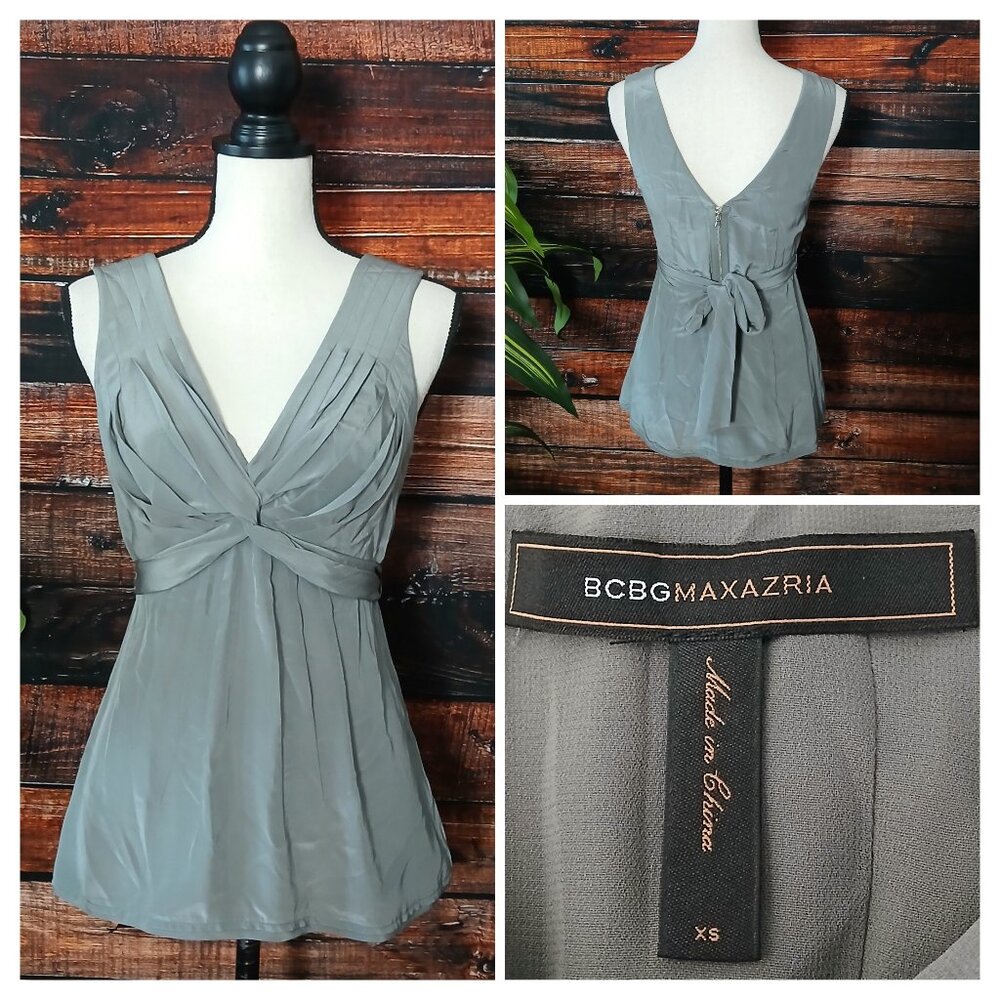 BCBGMAXAZRIA Top XS 100% Silk Silver Pleated Tie Back Zip Lined Low Back